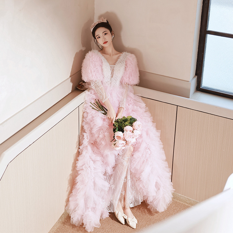 綺麗 ピンク 長袖 パーティードレス プリンセス 優雅 結婚式 花嫁 誕生日 成人式 二次会 前撮り 披露宴 08442