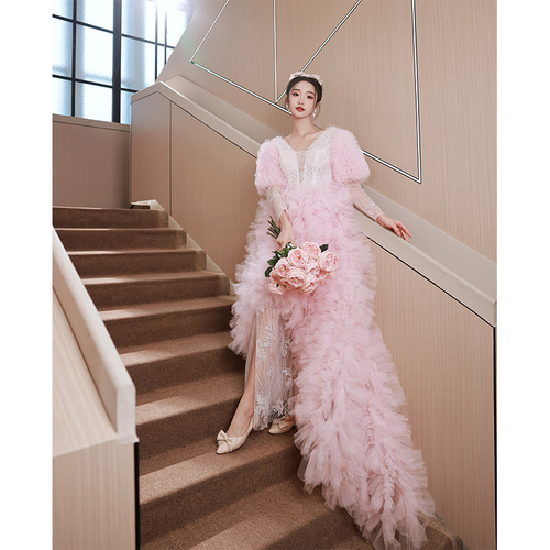 綺麗 ピンク 長袖 パーティードレス プリンセス 優雅 結婚式 花嫁 誕生