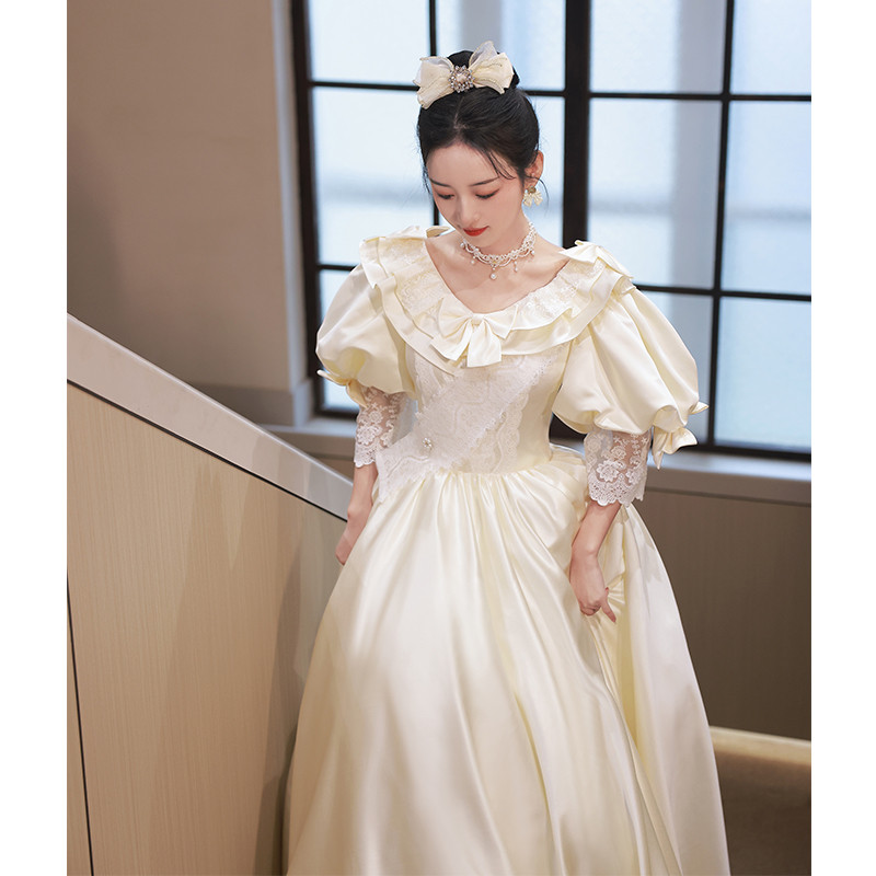 綺麗 薄シャンパン色 サテン パフスリーブ パーティードレス 花嫁 誕生日 成人式 二次会 前撮り 披露宴 08441