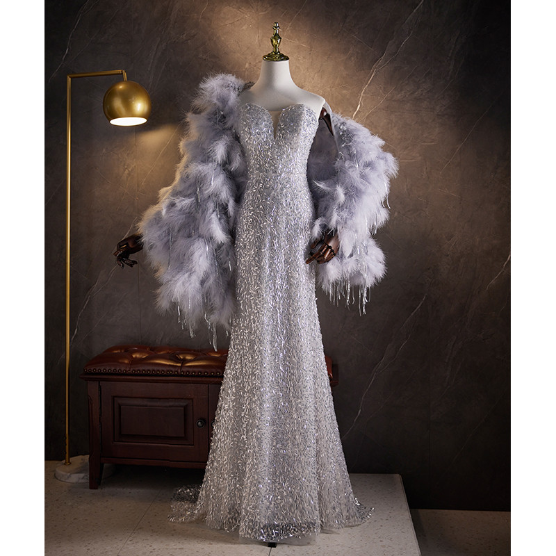 上品 シルバー スパンコール マーメイドドレス 肩飾りが付 高級感 パーティー 花嫁 誕生日 二次会 前撮り 08439