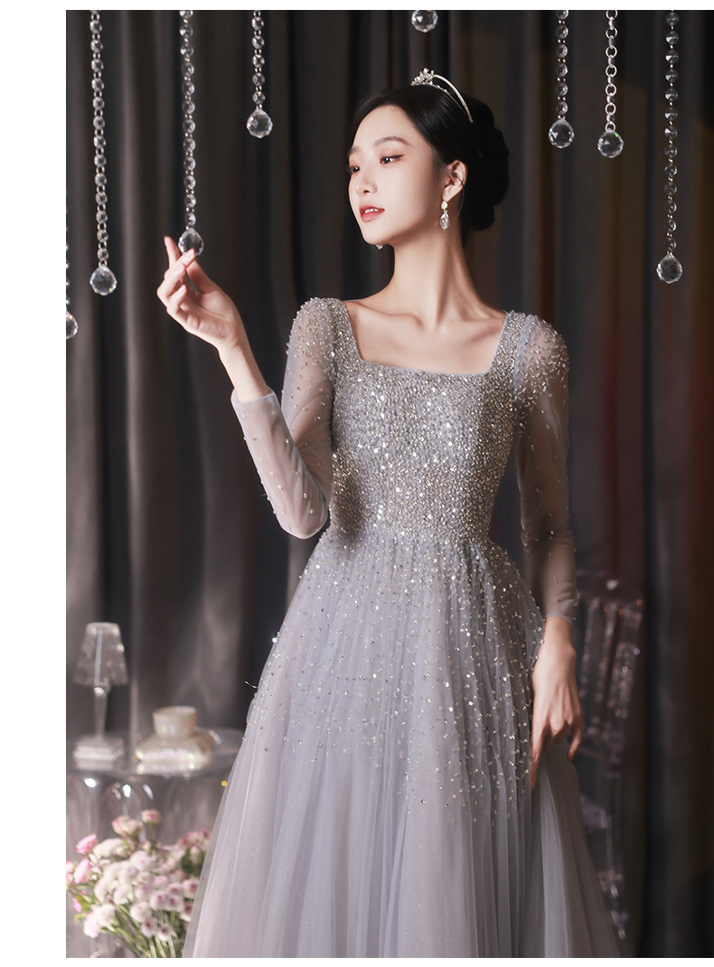 綺麗 グレー 長袖 スパンコール パーティードレス プリンセス 花嫁 誕生日 成人式 二次会 前撮り 披露宴 08420