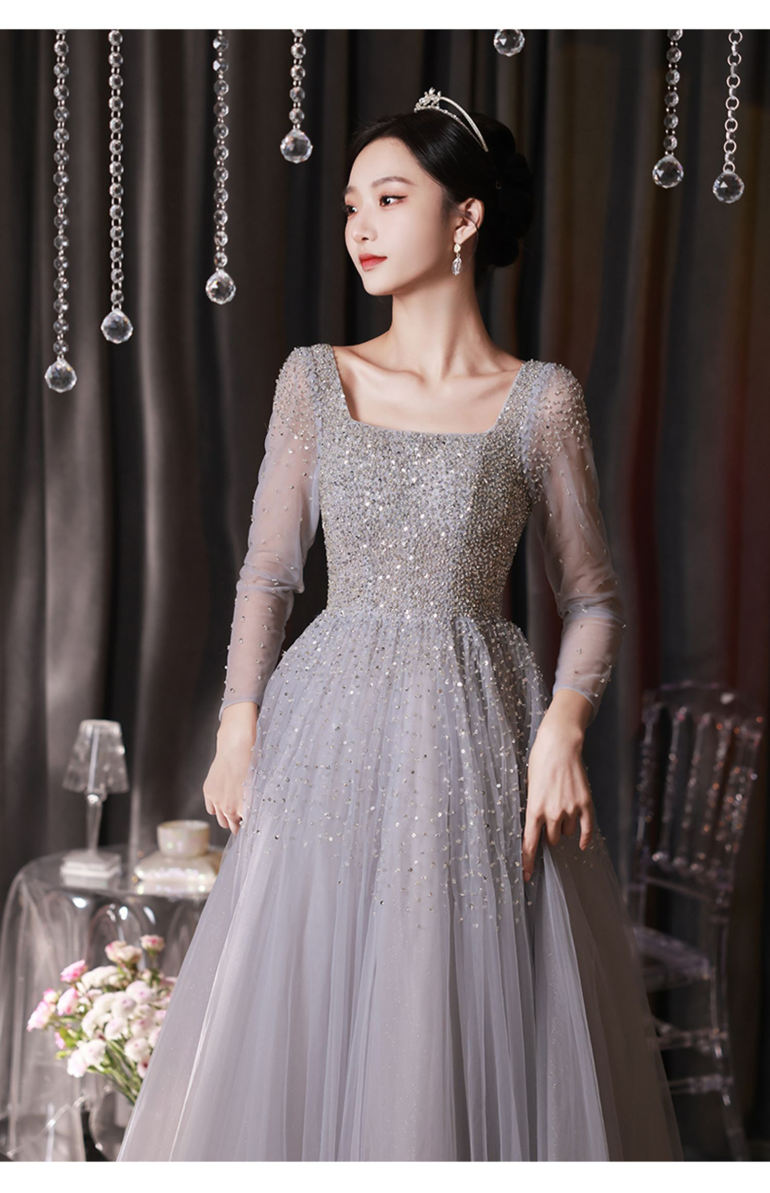 綺麗 グレー 長袖 スパンコール パーティードレス プリンセス 花嫁 誕生日 成人式 二次会 前撮り 披露宴 08420