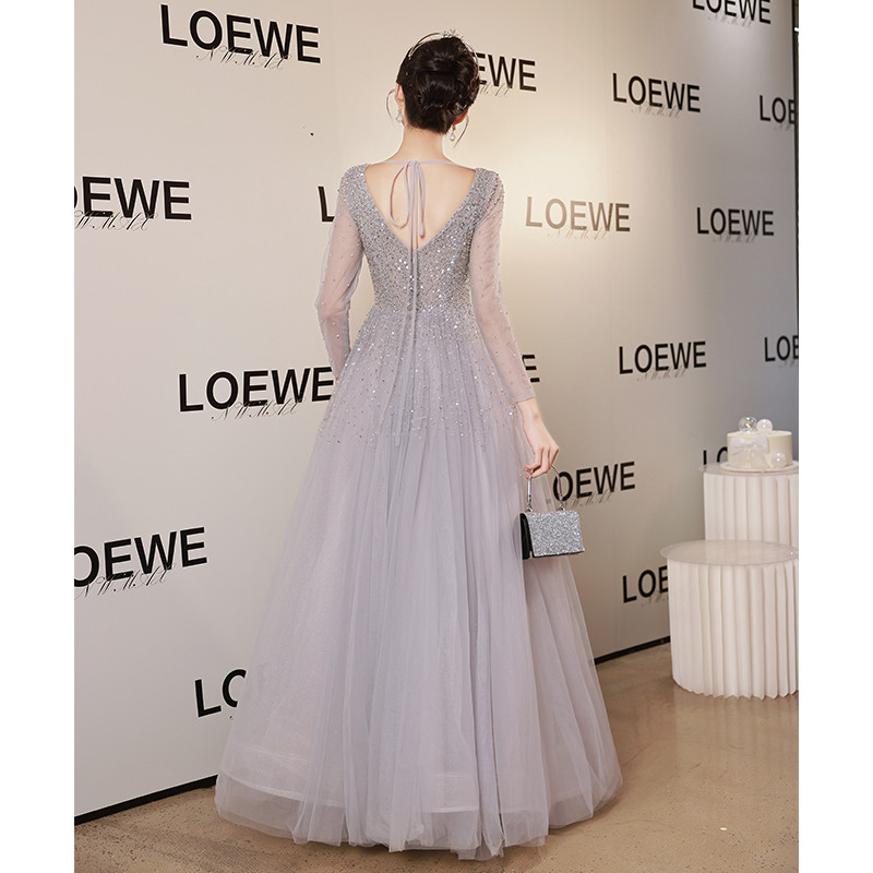 綺麗 グレー 長袖 スパンコール パーティードレス プリンセス 花嫁 誕生日 成人式 二次会 前撮り 披露宴 08420