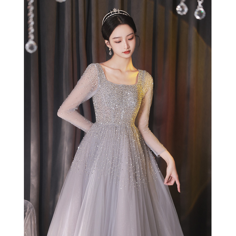 綺麗 グレー 長袖 スパンコール パーティードレス プリンセス 花嫁 誕生日 成人式 二次会 前撮り 披露宴 08420