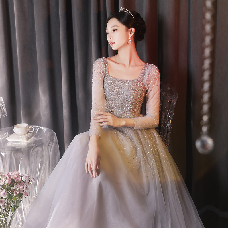 綺麗 グレー 長袖 スパンコール パーティードレス プリンセス 花嫁 誕生日 成人式 二次会 前撮り 披露宴 08420