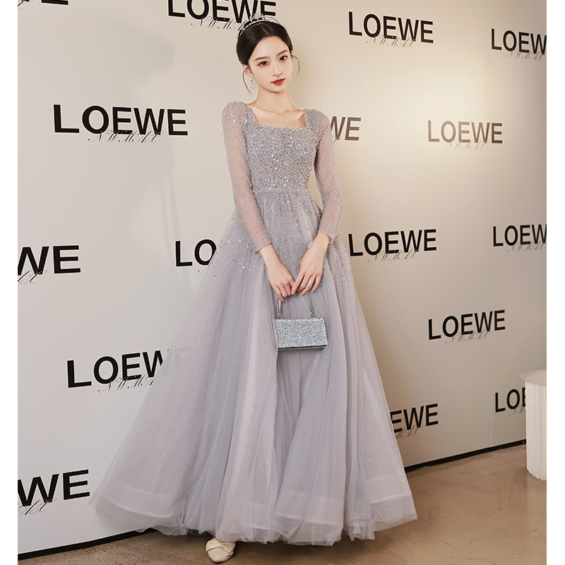 綺麗 グレー 長袖 スパンコール パーティードレス プリンセス 花嫁 誕生日 成人式 二次会 前撮り 披露宴 08420