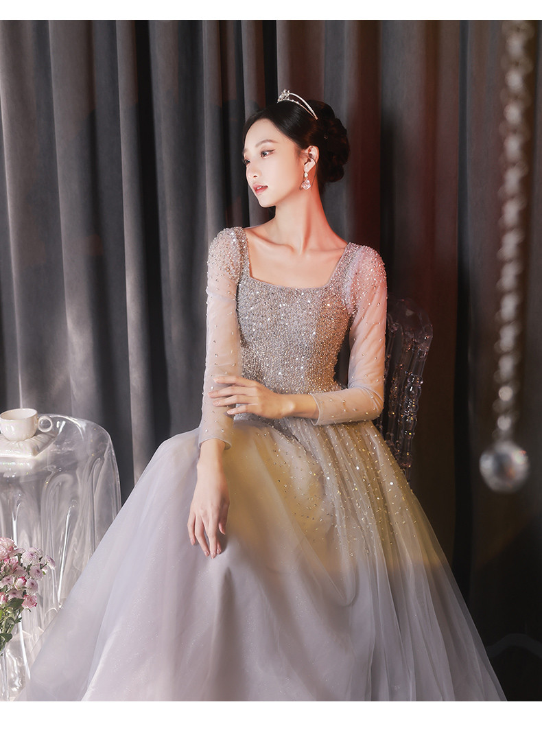 綺麗 グレー 長袖 スパンコール パーティードレス プリンセス 花嫁 誕生日 成人式 二次会 前撮り 披露宴 08420