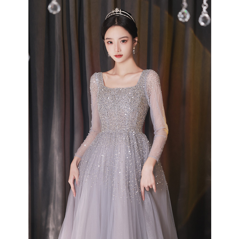 綺麗 グレー 長袖 スパンコール パーティードレス プリンセス 花嫁 誕生日 成人式 二次会 前撮り 披露宴 08420
