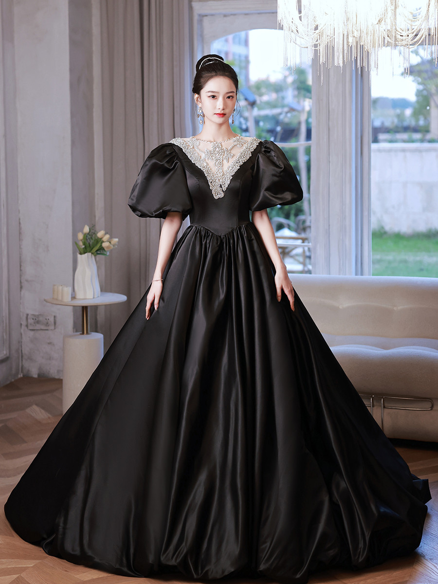 綺麗 黒 特大スリーブ パーティードレス 裾引き ​花嫁 高級感 誕生日 成人式 二次会 前撮り 披露宴 08410