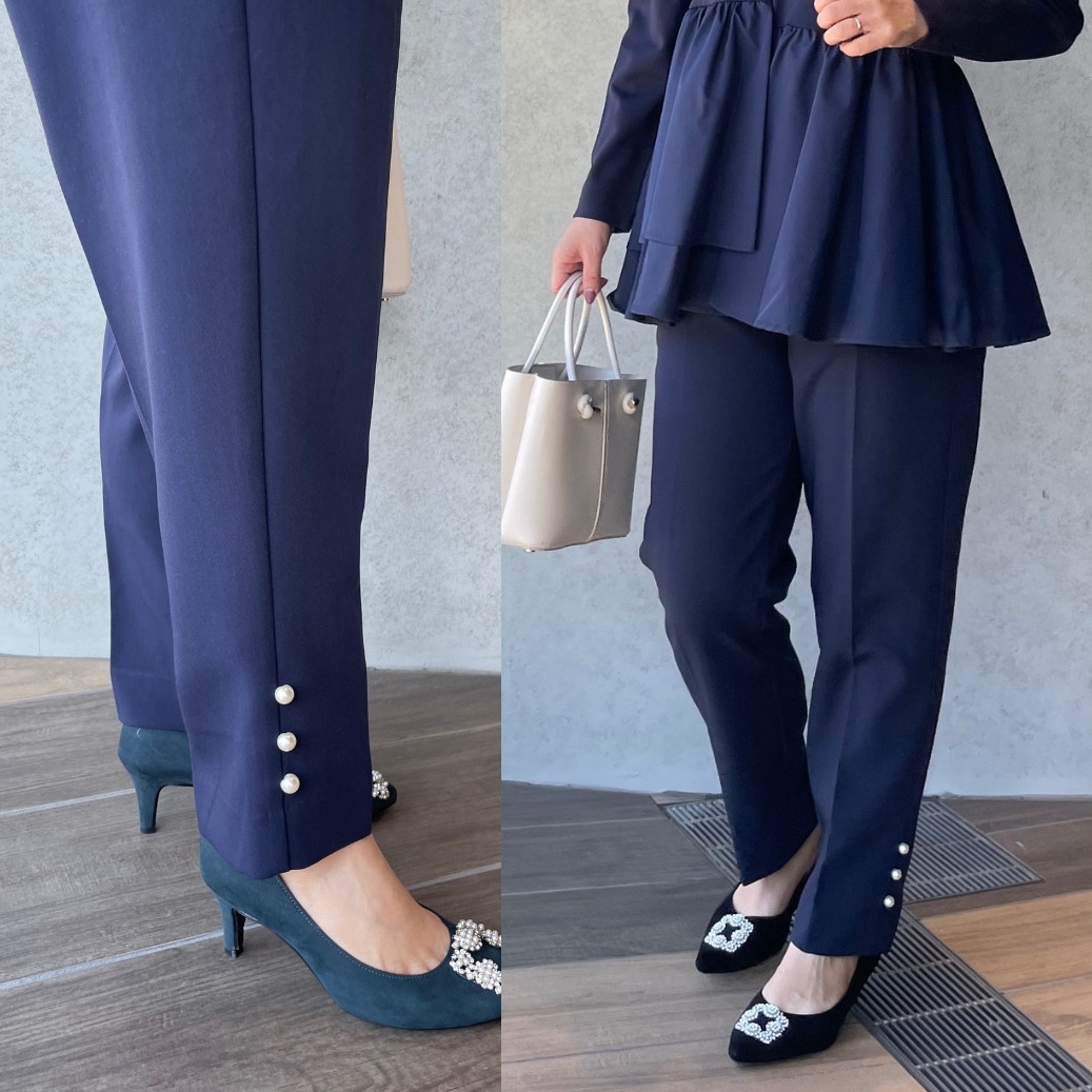 【極暖フリース裏地】2枚仕立て すっきり細見え上品パール付きパンツ 紺【FREE】フォーマルKMC-786 854670
