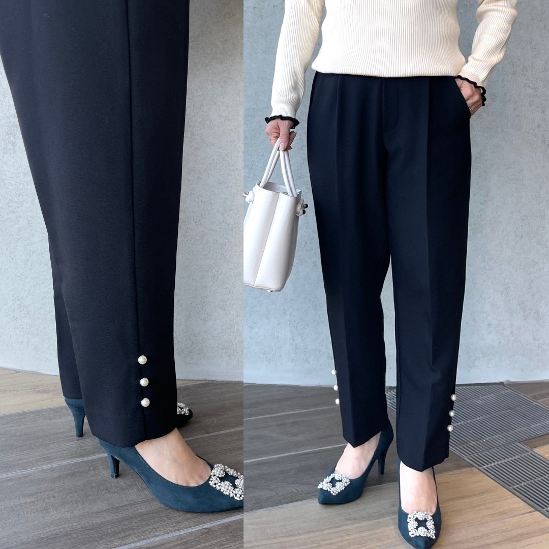 小柄S【極暖フリース裏地】2枚仕立て すっきり細見え上品パール付きパンツ 黒:フォーマルKMC-786 062888