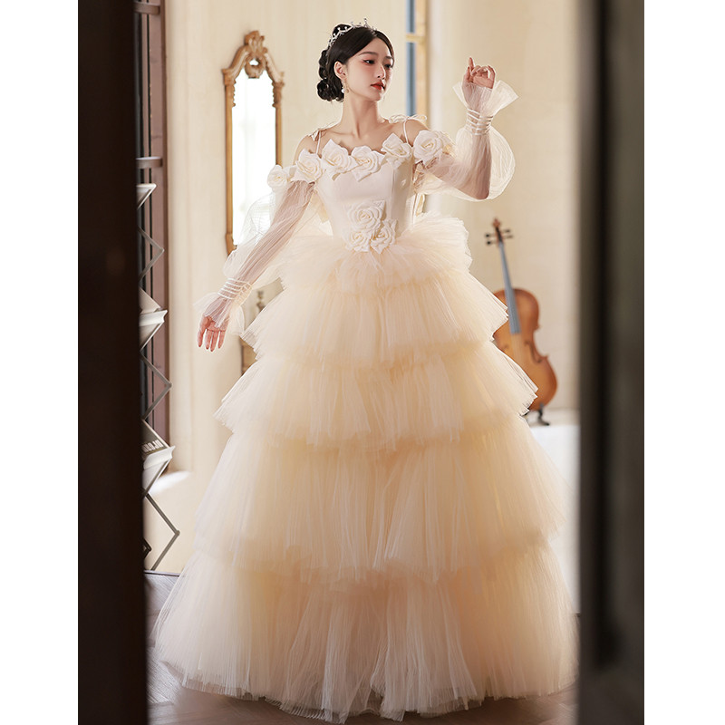 綺麗 シャンパン色 長袖 花 パーティードレス プリンセス 花嫁 誕生日 成人式 二次会 前撮り 披露宴 08395