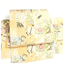 美品 綿麻 半幅帯 ハーフリネン 通年帯 キナリ 色無地 長尺440 全通