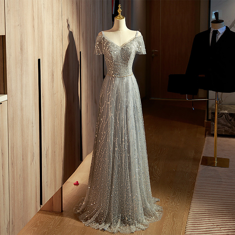 綺麗 グレー Vネック スパンコール パーティードレス 高級感 誕生日 成人式 二次会 前撮り 披露宴 08292