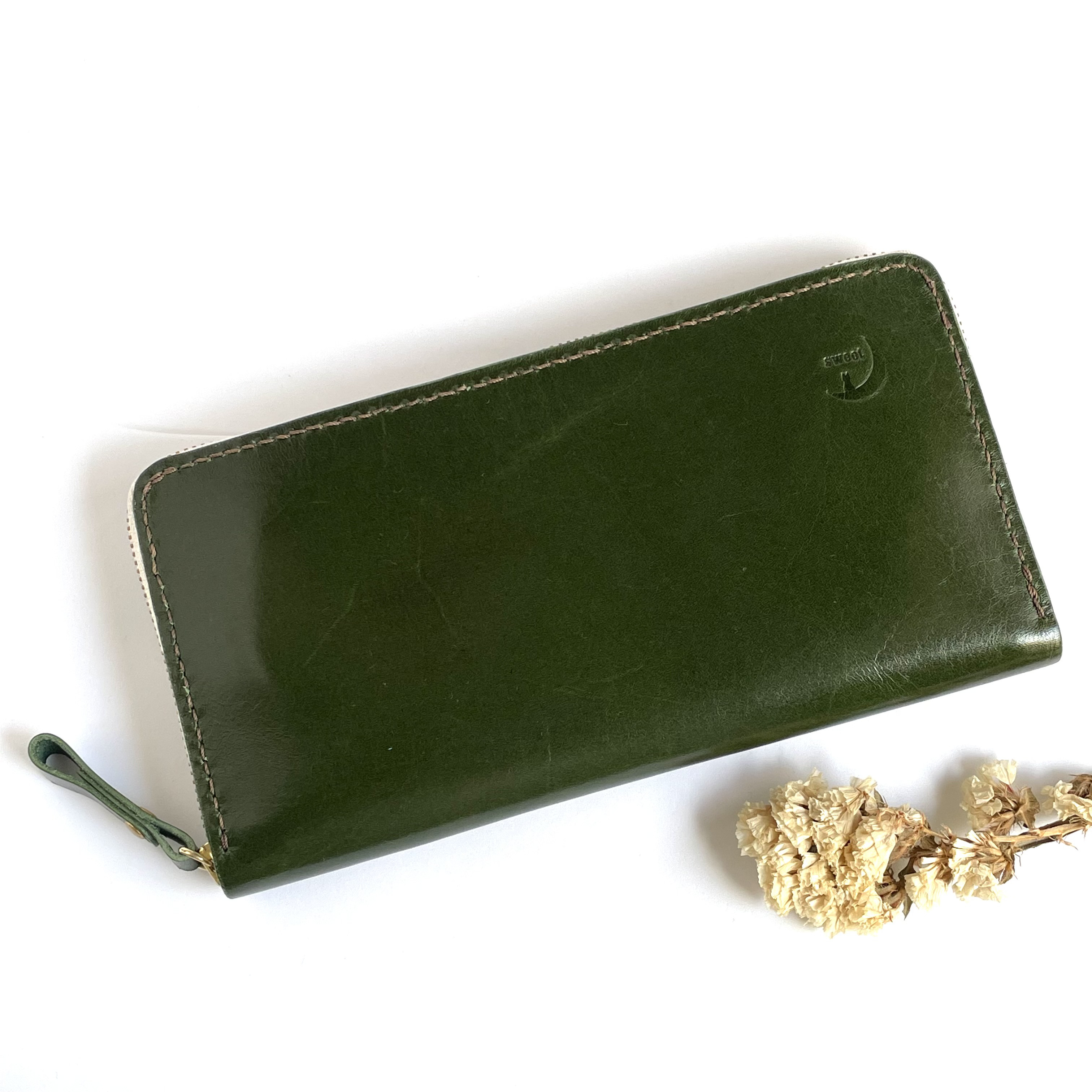 【ハンドメイド】牛革スムース/ファスナー長財布｜カード11枚＋大容量ポケット／グリーン