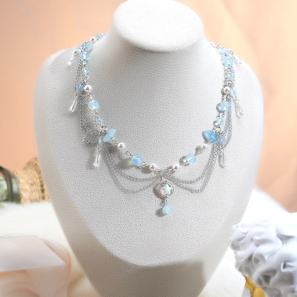 人魚の歌  アクアマリンとパールのレイヤードネックレス 3月の誕生石 マーメイド 涼しげ