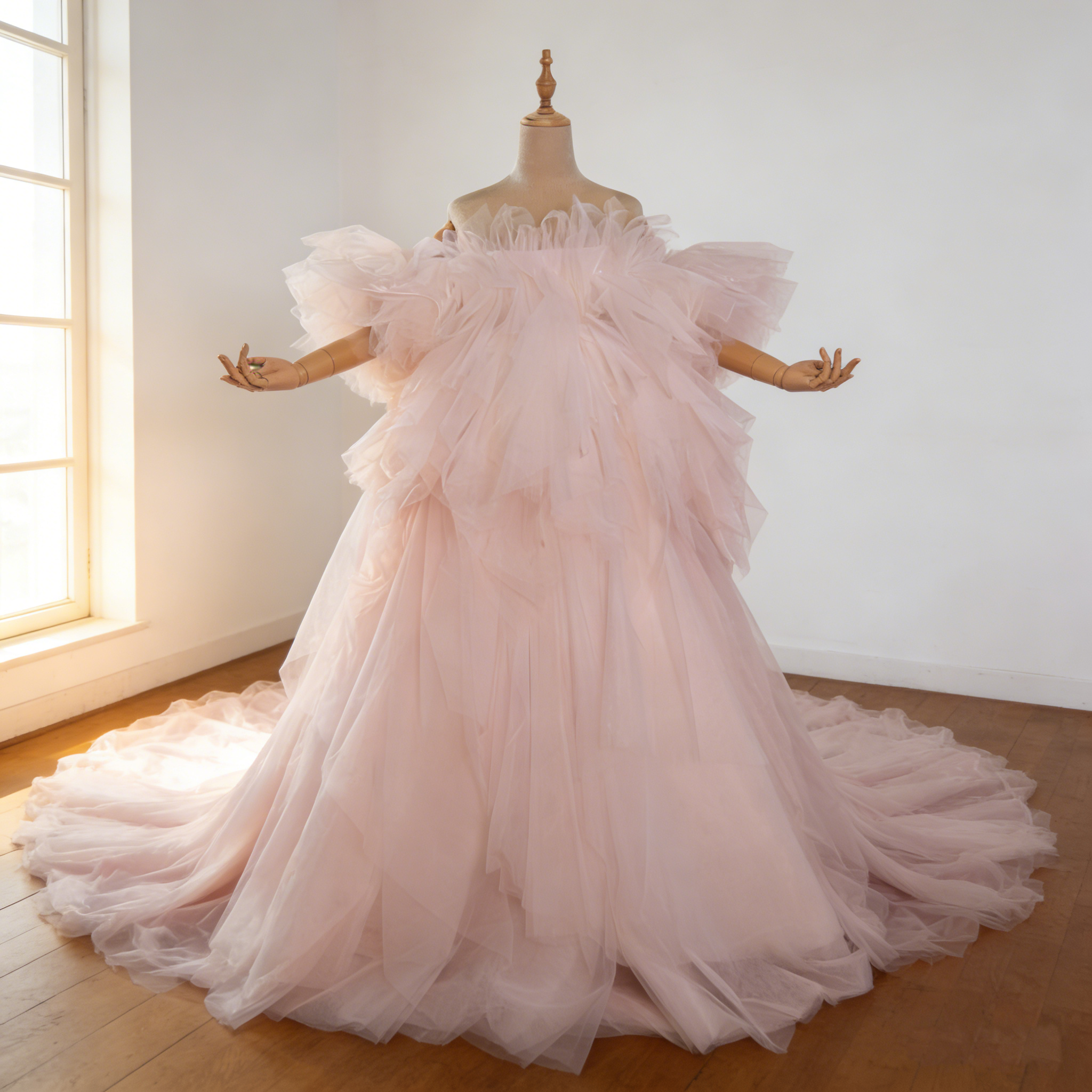 カラードレス  ピンク  取り外し可能な付け袖  ソフトチュール 華やかなトレーン  結婚式  前撮り