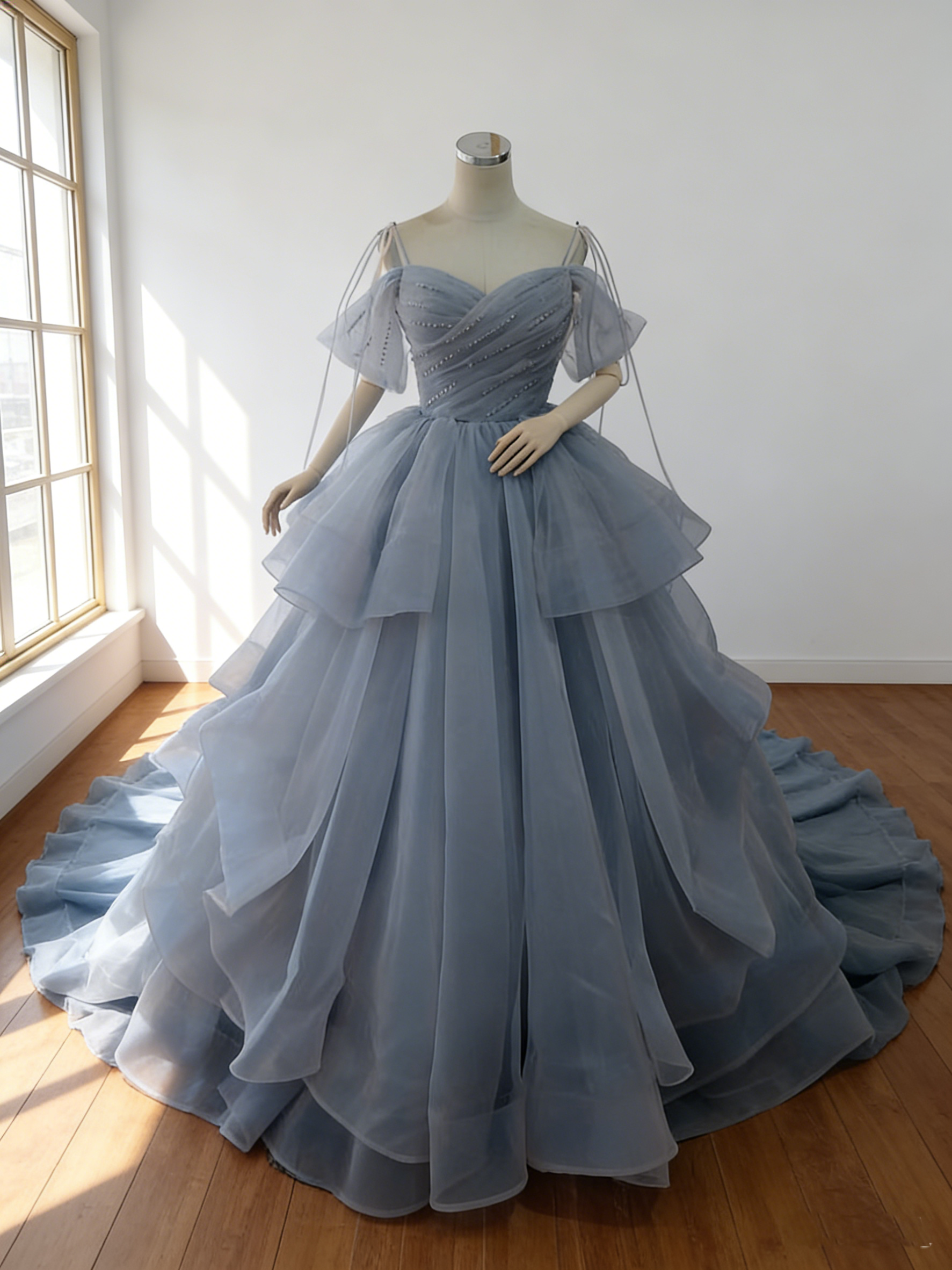 カラードレス  ブルーグレー  オフショルダー キャミソール 上質オーガンジー   華やかなトレーン