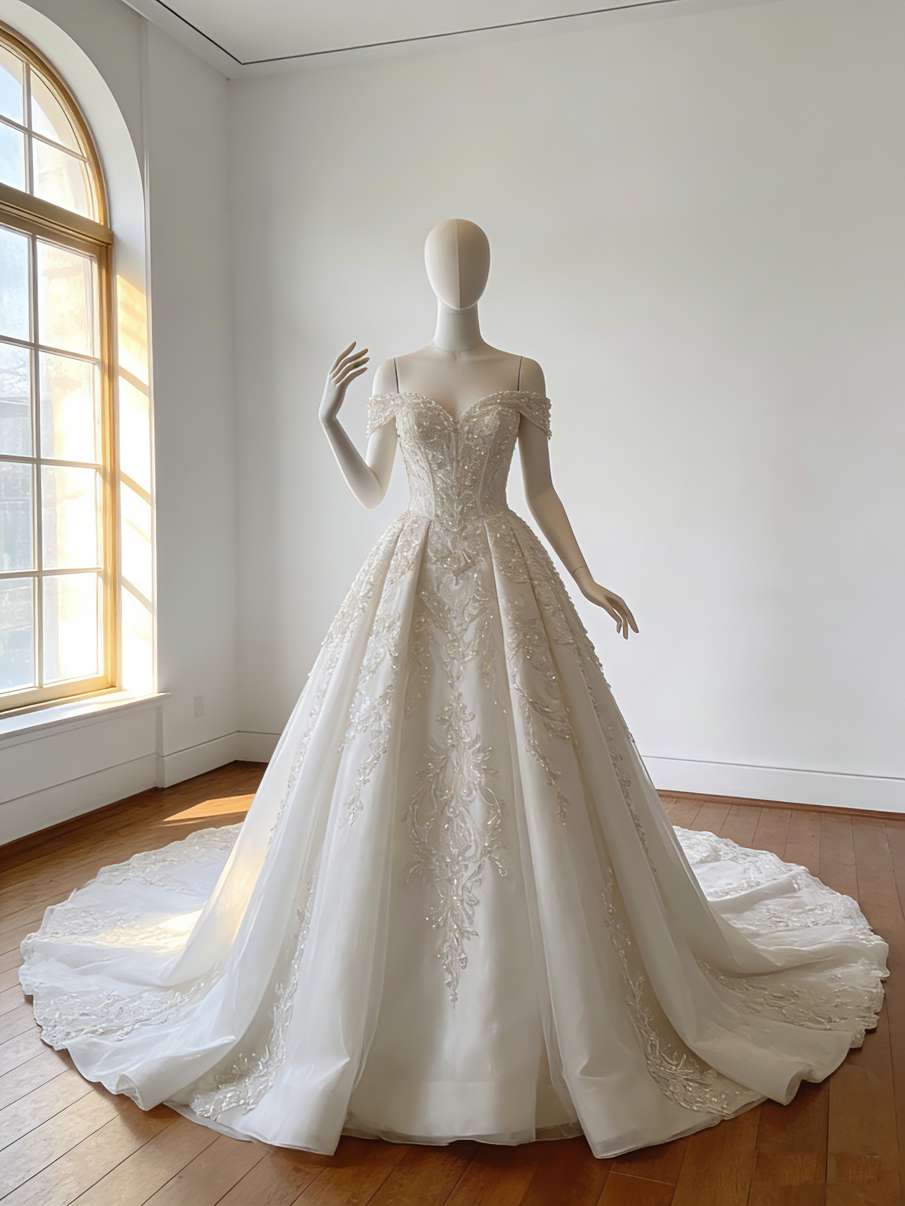 ウエディングドレス オフホワイト 韓国風ドレス オフショルダー 華やかなトレーン 手作珠繍 ブライダル