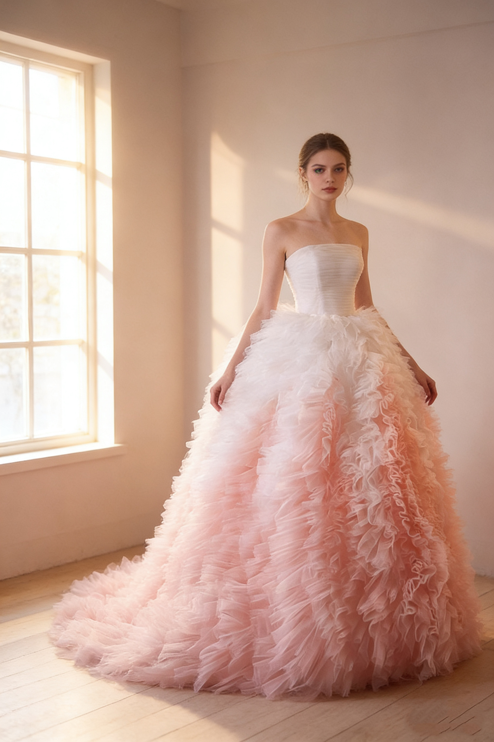 送料無料！カラードレス グラデーションドレス ベアトップ もこもこドレス チュールドレス ボリュームドレス 花嫁