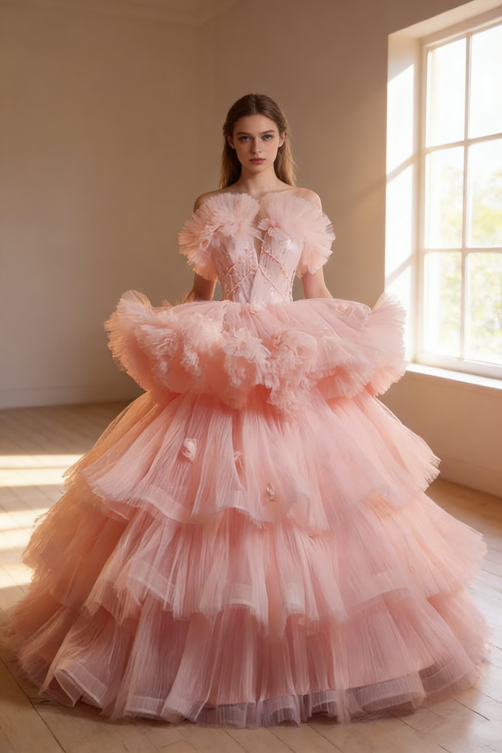 送料無料！カラードレス Vネックドレス ピンク ティアードのドレス スリット 結婚式/披露宴 リボントレーン