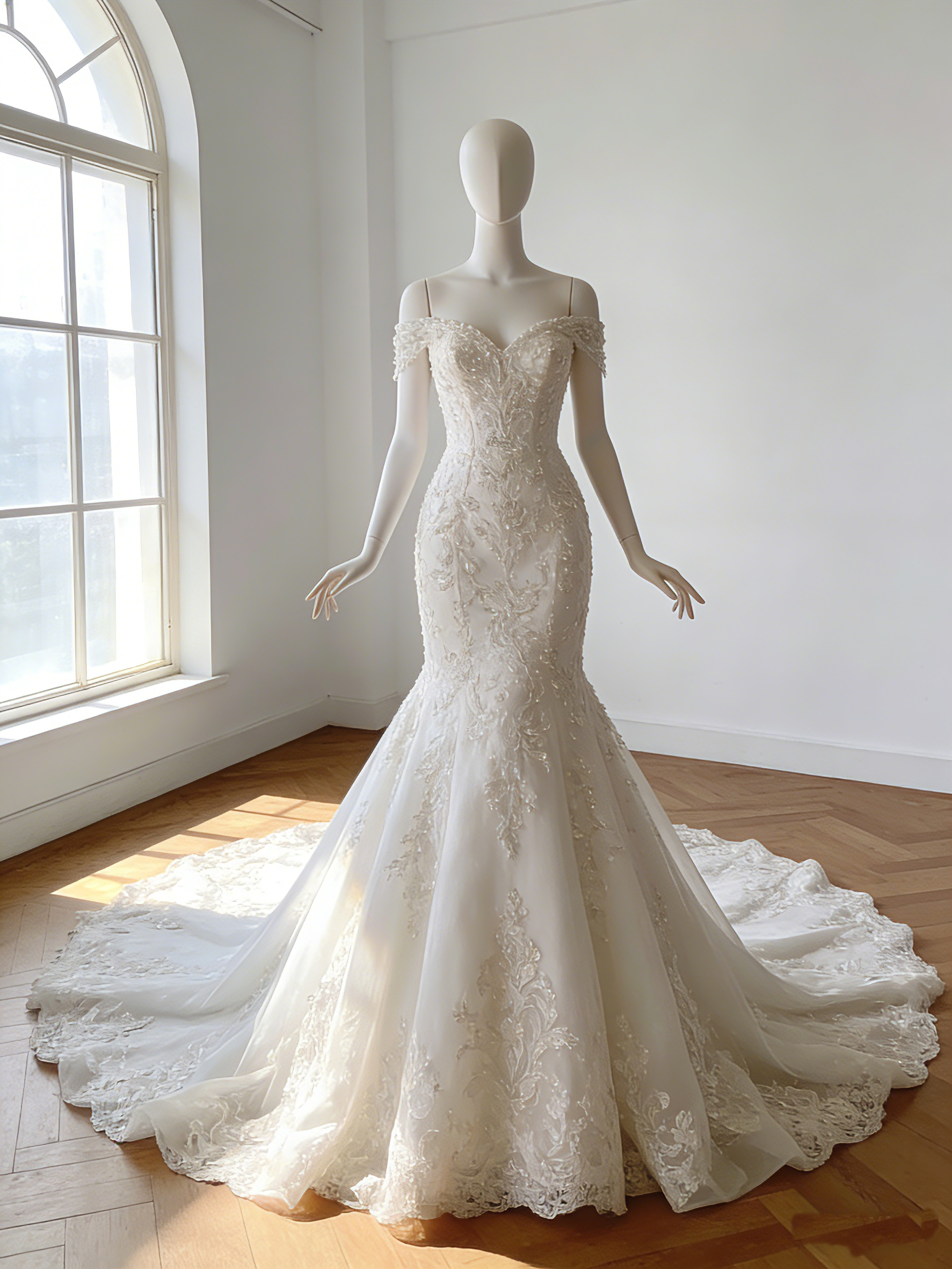 ウエディングドレス  オフホワイト 韓国風ドレス  細見えシルエット オフショルダー  マーメイドライン   花嫁