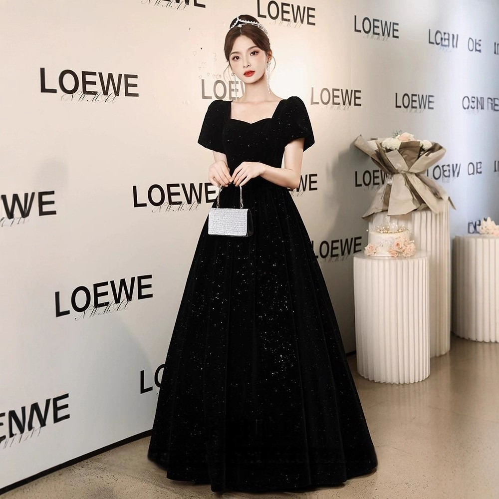 黒 半袖 パーティードレス プリンセス シンプル 高級感 韓国風 ウェディング パーティー 演奏会 二次会 HL926