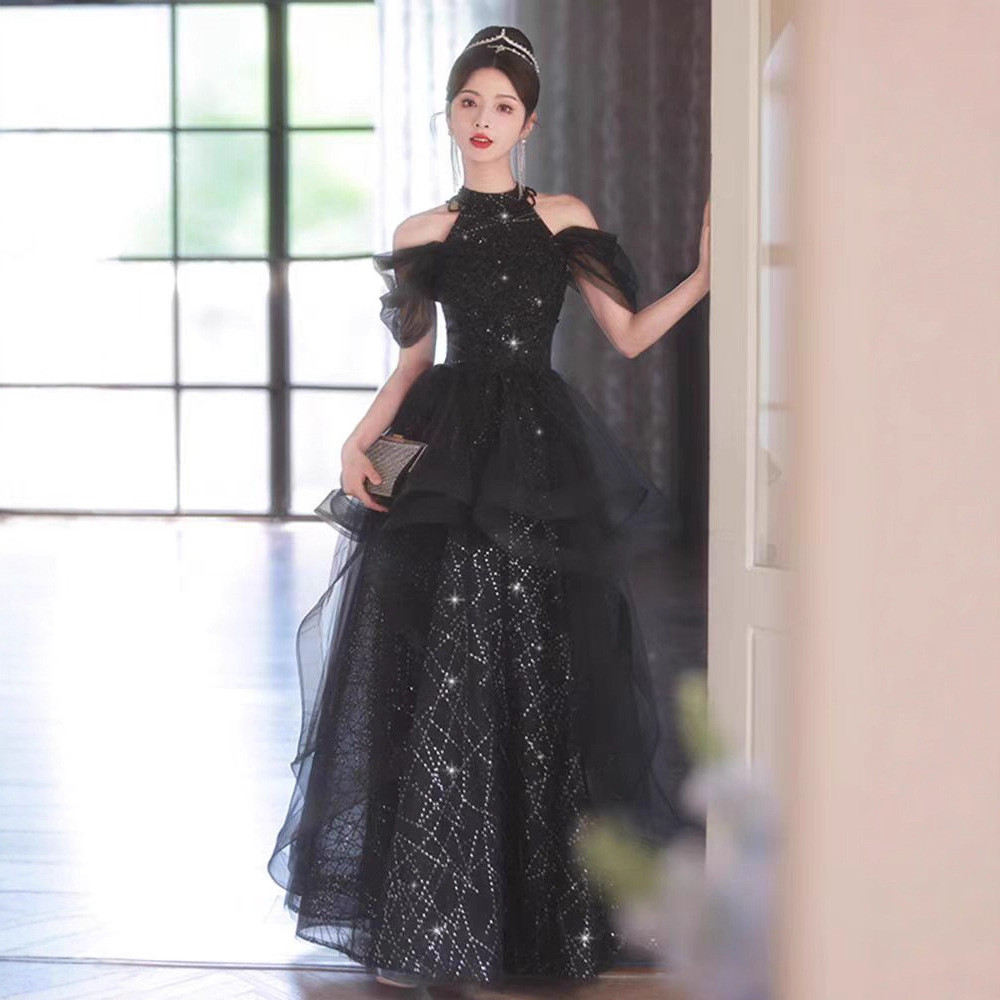 黒 薄シャンパン色 ロング カラードレス プリンセス 綺麗 高級感 ウェディング パーティー 演奏会 二次会 HL927