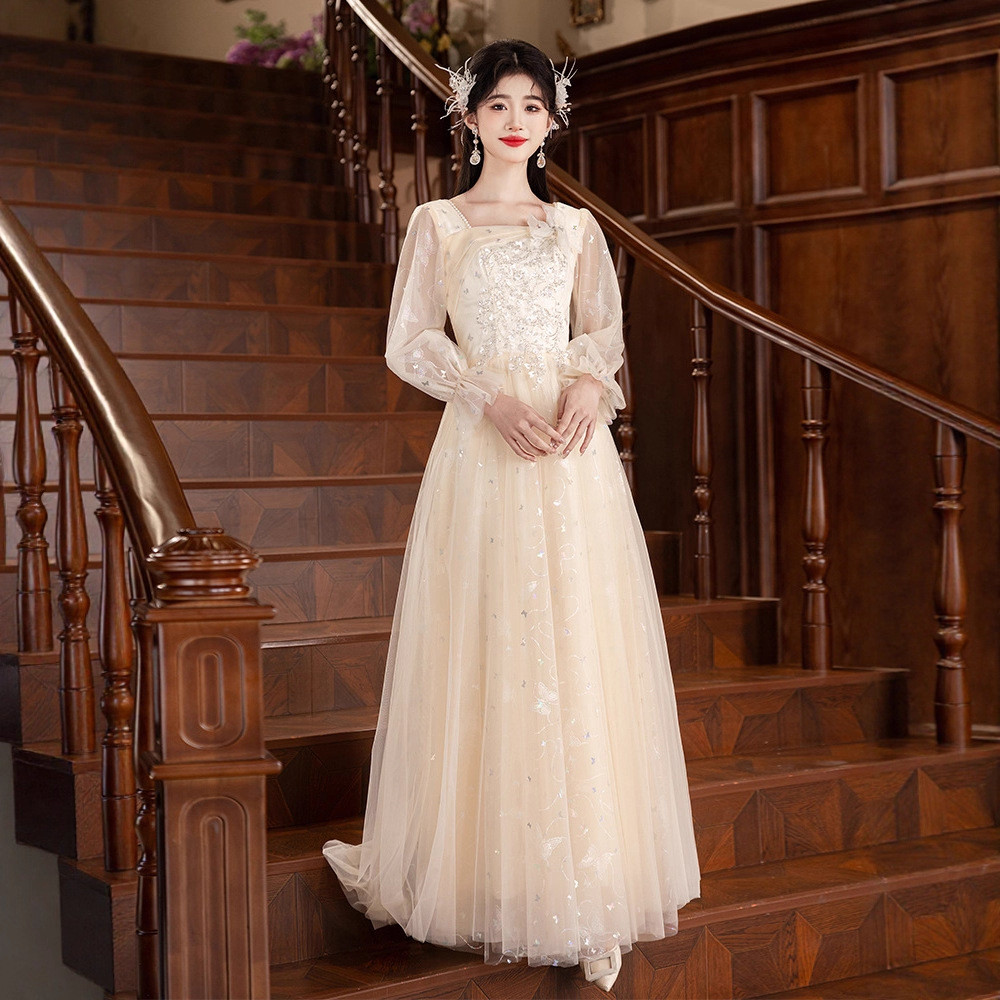 秋冬 シャンパン色 長袖 ロング カラードレス プリンセス 綺麗 ウェディング パーティー 演奏会 二次会 HL928