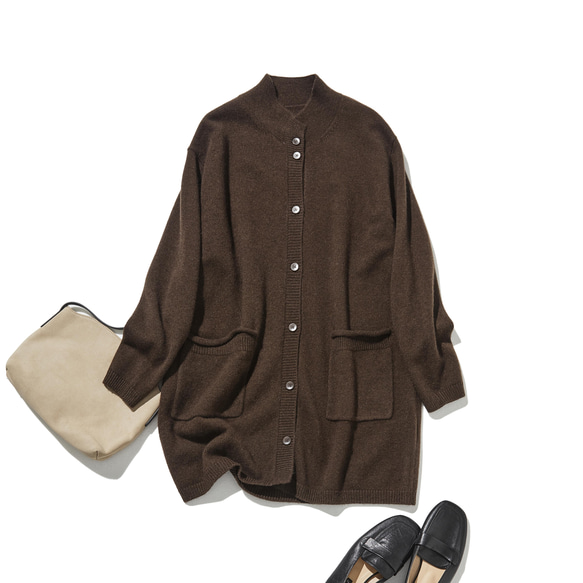 柔軟溫暖，適合各種體型。犛牛絨和美利奴羊毛長款開襟衫，棕色，251203-1 第1張的照片