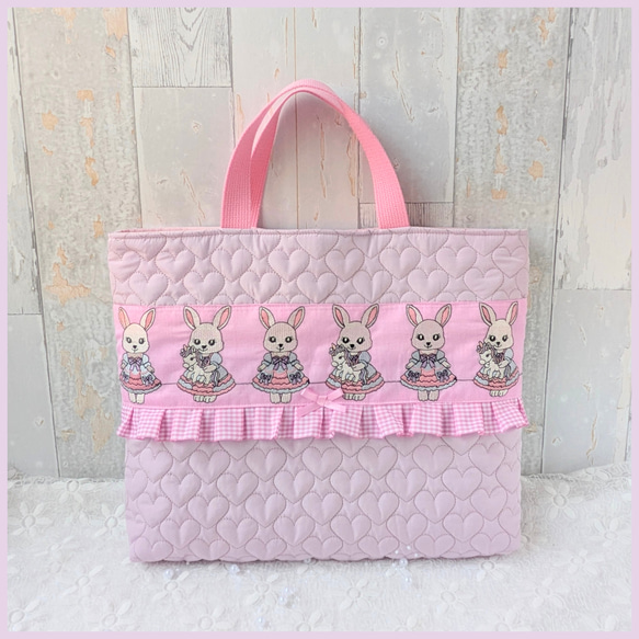 レッスンバッグ　手提げ　シルバニア　うさぎ　刺繍リボン　ハートキルト レッスンバッグ 手提げ シルバニア うさぎ 刺繍リボン ハートキルト