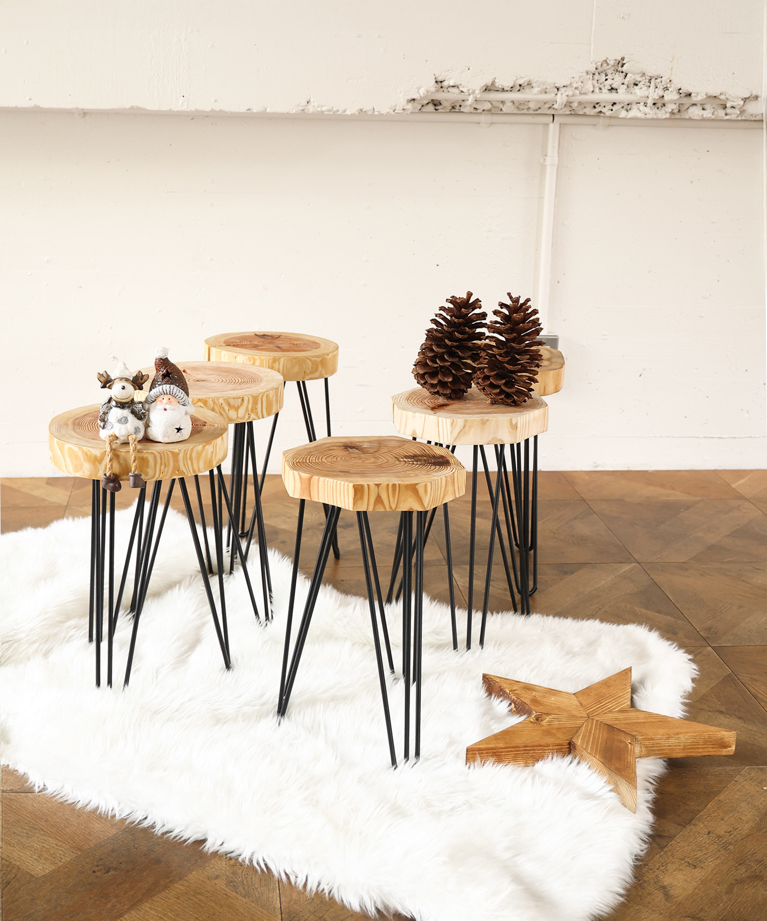 国産杉 ヒノキ コナラ アイアンレッグの丸太スツール 丸太 八角/MIKU-KOBO  aianstool220-300