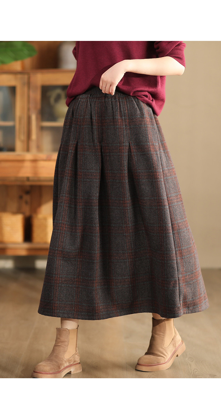 春秋冬復古ウールチェックハーフスカート 女厚手ゴムウエストウォームスリム格子ロングスカート
