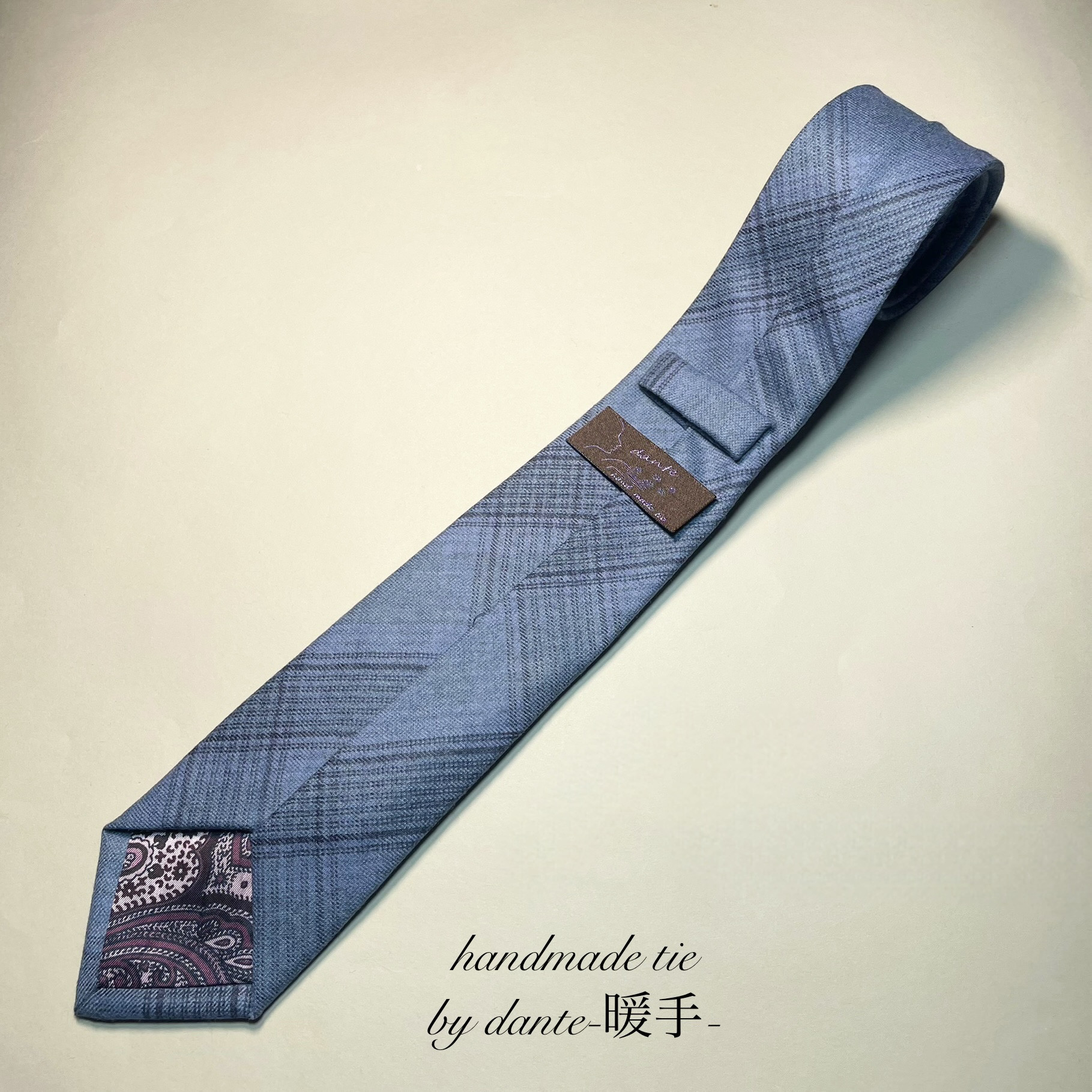 【受注製作】ブルー　グレー　イタリア　チェック　ペイズリー　ネクタイ　プレゼント　ギフト　　【別途】名入れ　イニシャル