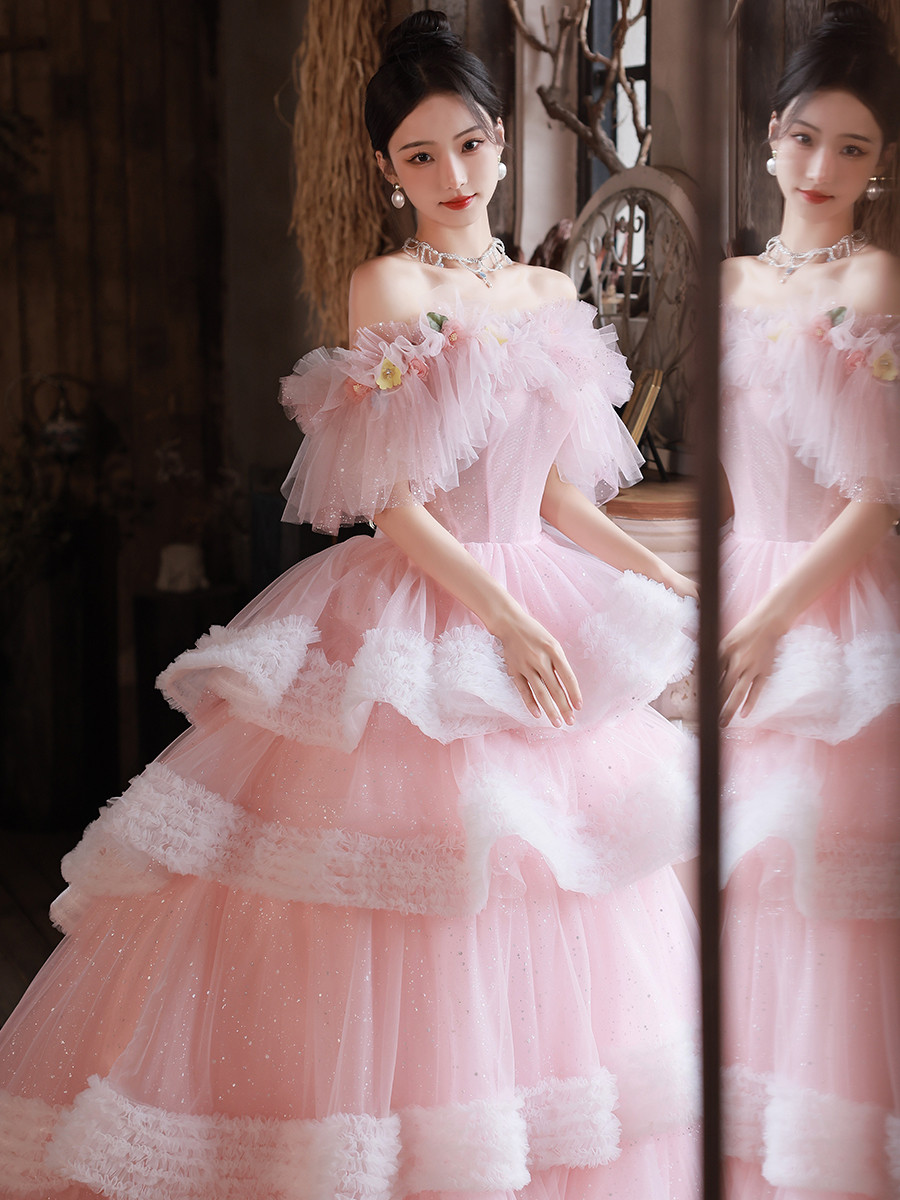 綺麗 ピンク 花 ティアードドレス 裾引き プリンセス 結婚式 花嫁 誕生日 成人式 二次会 前撮り 披露宴 08247