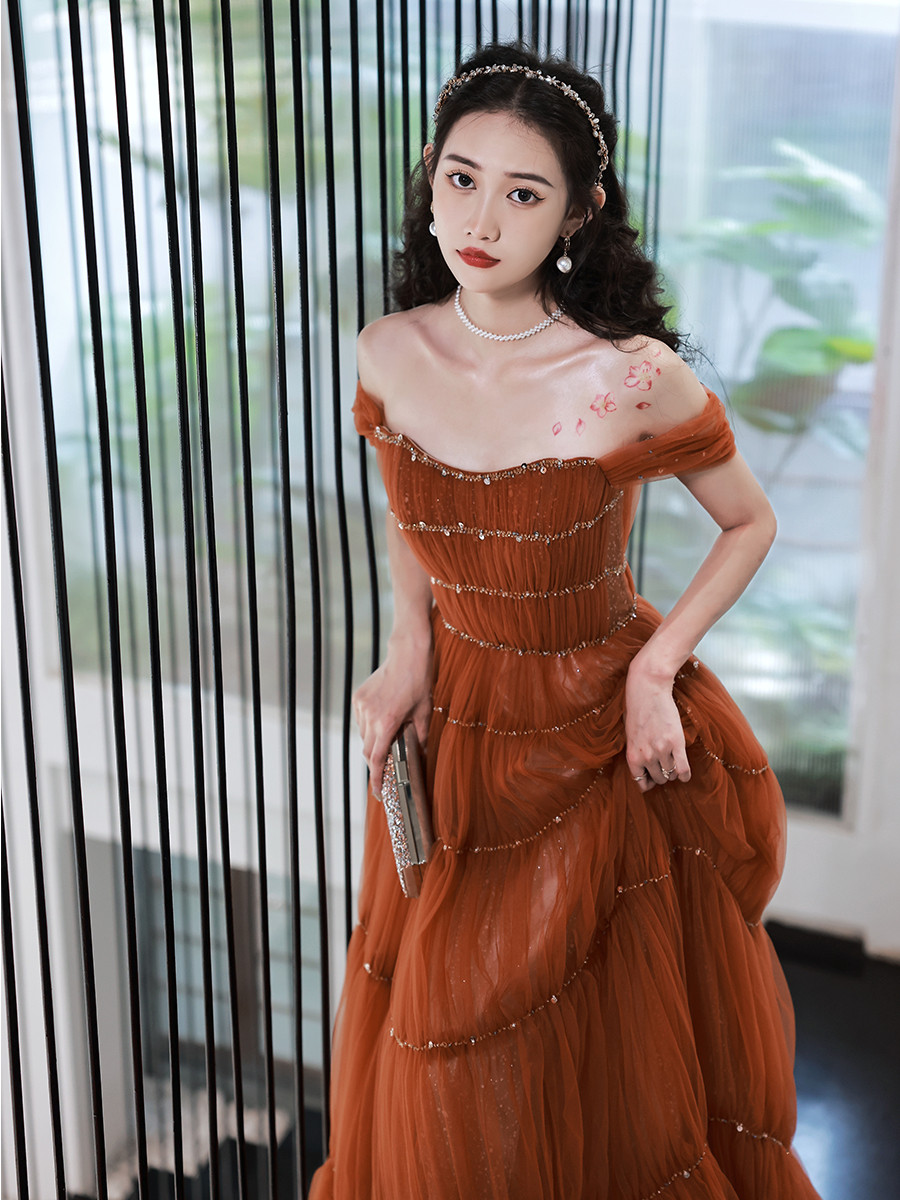 綺麗 ブラウン オフショルダー パーティードレス プリンセス 結婚式 花嫁 成人式 誕生日 二次会 前撮り 08227