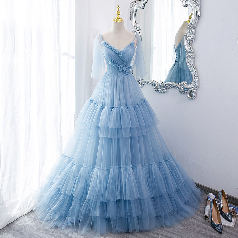 綺麗 青 ふわふわ パーティードレス 裾引き プリンセス 結婚式 花嫁 成人式 誕生日 二次会 前撮り 08182