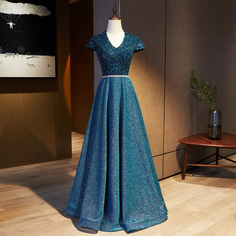 高級感 青 半袖 スパンコール キラキラ パーティードレス 綺麗 花嫁 成人式 誕生日 二次会 前撮り 01934
