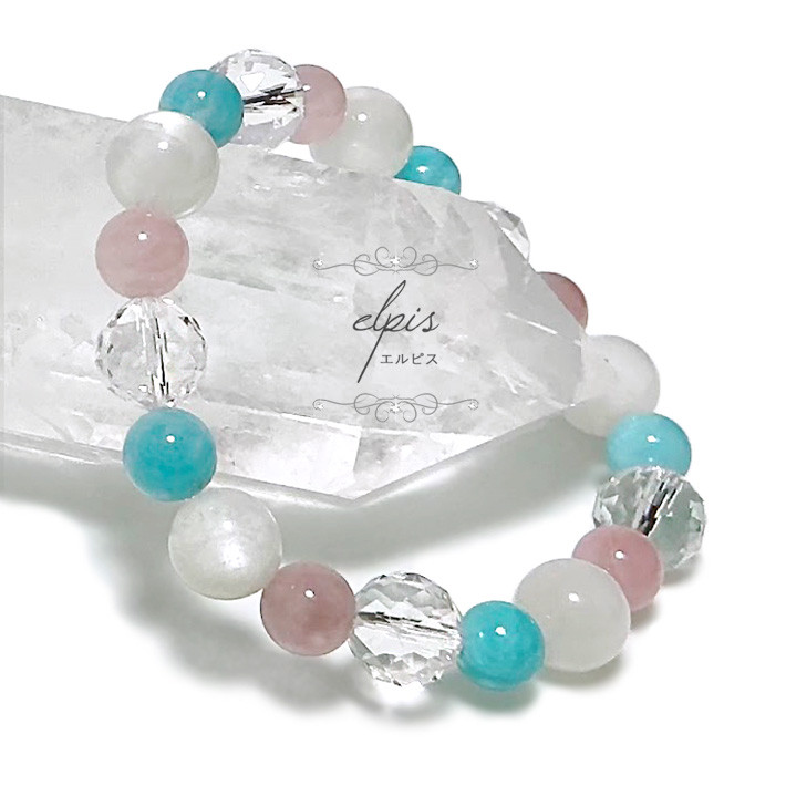 ムーンストーン＆カット水晶＆アマゾナイト＆ディープローズクォーツのブレスレット