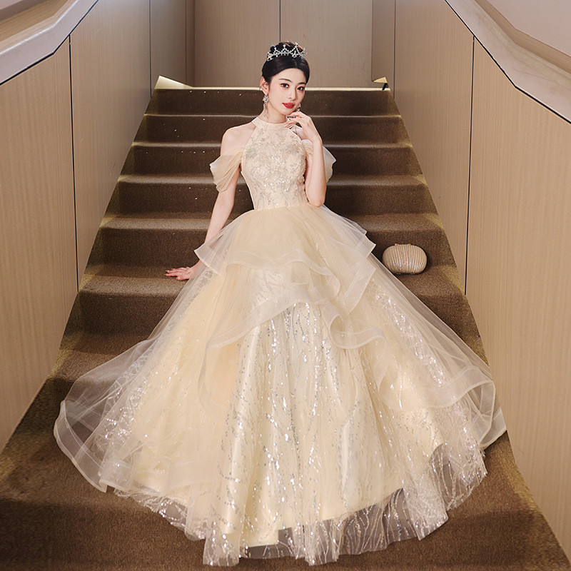 シャンパン色 ロング カラードレス プリンセス 綺麗 韓国風 ウェディング パーティー 演奏会 二次会 AK246