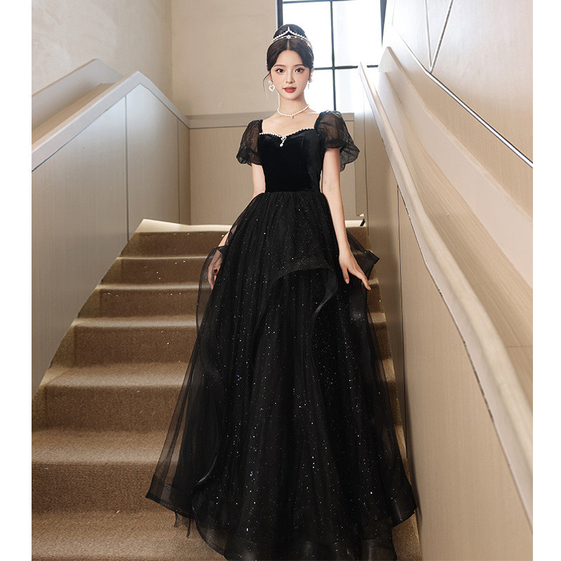 黒 半袖 ロング カラードレス シンプル 高級感 韓国風 ウェディング パーティー 演奏会 二次会 AK247