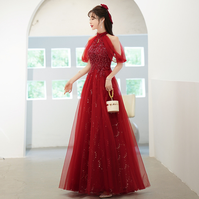 赤 ロング キラキラグリッター カラードレス 韓国風 花嫁 ウェディング パーティー 演奏会 二次会 AK248