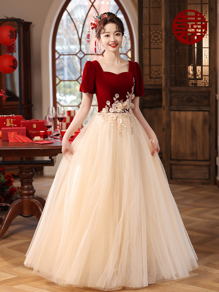 赤 ロング キラキラグリッター カラードレス 韓国風 花嫁 ウェディング パーティー 演奏会 二次会 AK249