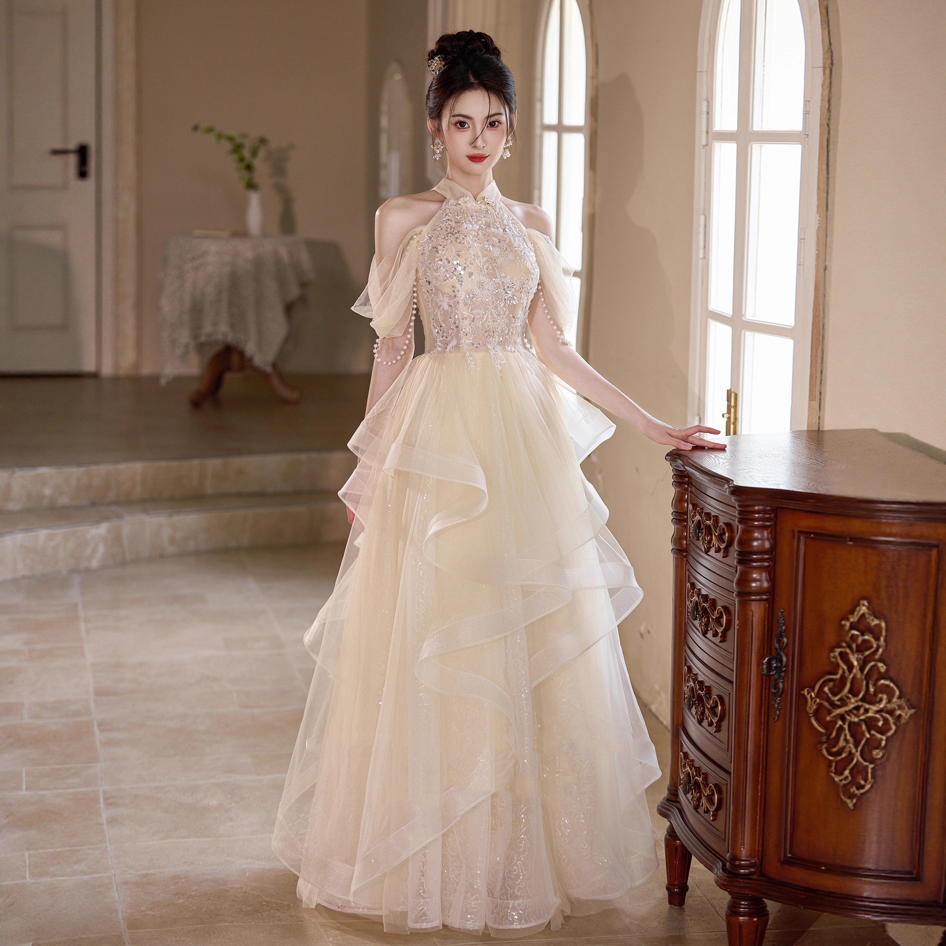 薄シャンパン色 オフショルダー ロング カラードレス プリンセス ウェディング パーティー 演奏会 二次会 AK251