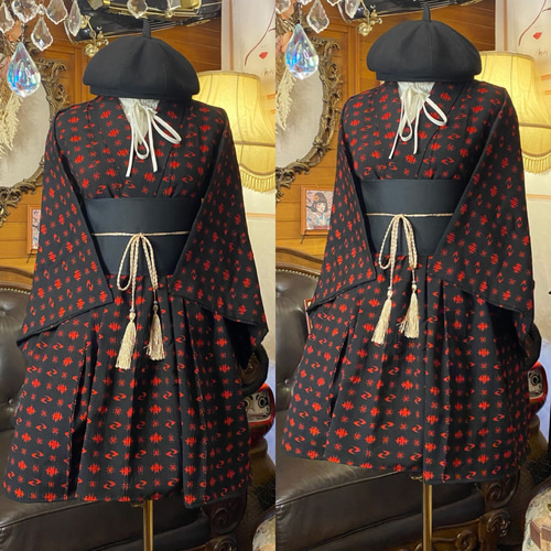 和洋折衷アンサンブル着物リメイクワンピース 帯サッシュベルト付き ハンドメイド レトロ 古着 フリーサイズ 黒×赤・絣 MKW-58 和洋折衷アンサンブル着物リメイクワンピース 帯サッシュベルト付き