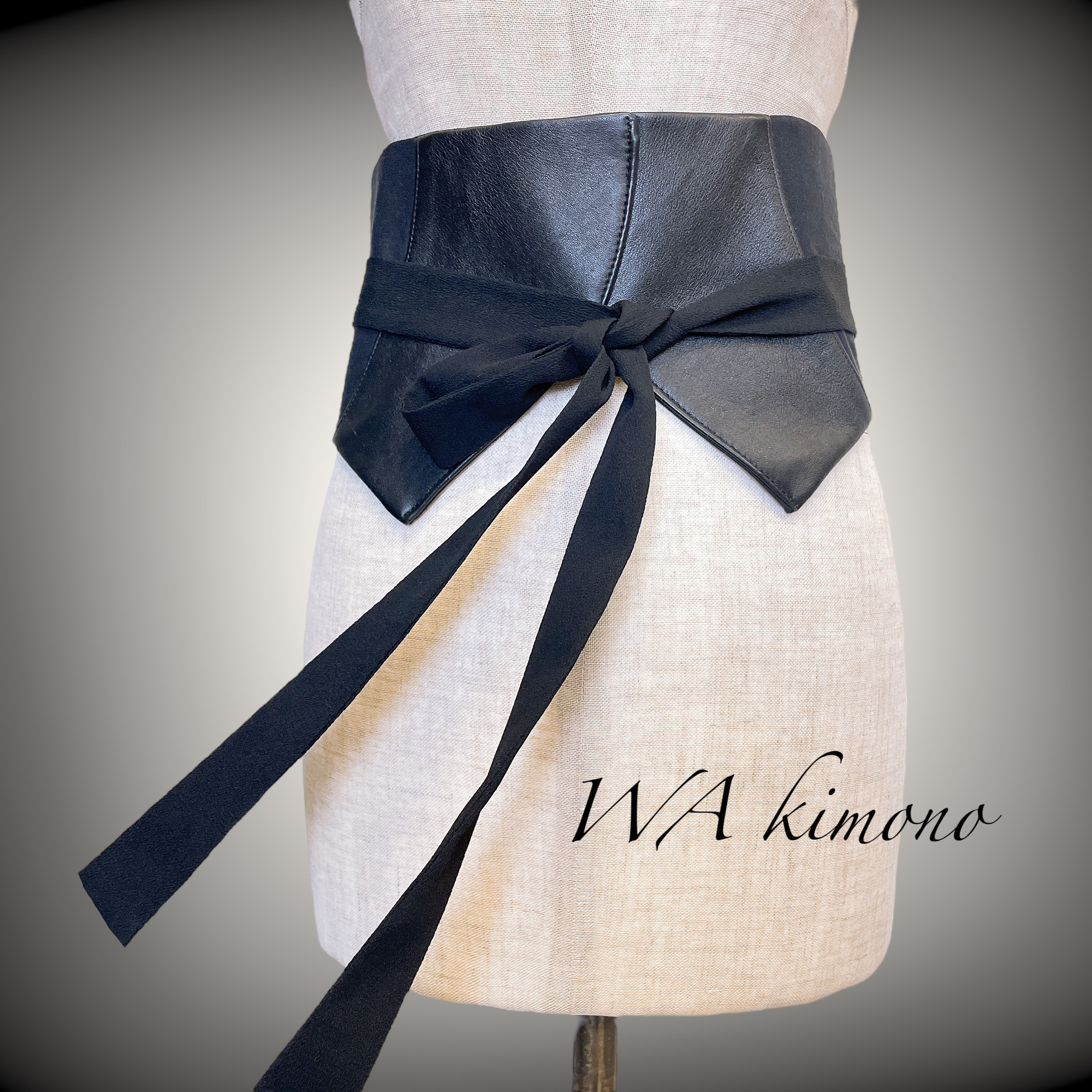 ブラック レザーMIX サッシュベルト リボン Ｗ65〜90cm 帯ベルト 帯リメイク 着物リメイク 黒 Y71102