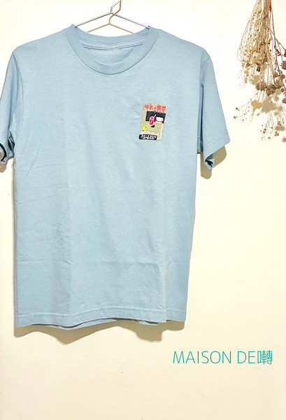 レトロなマッチ箱デザイン 手刺繍Tシャツ (牛乳と喫茶とインコ)