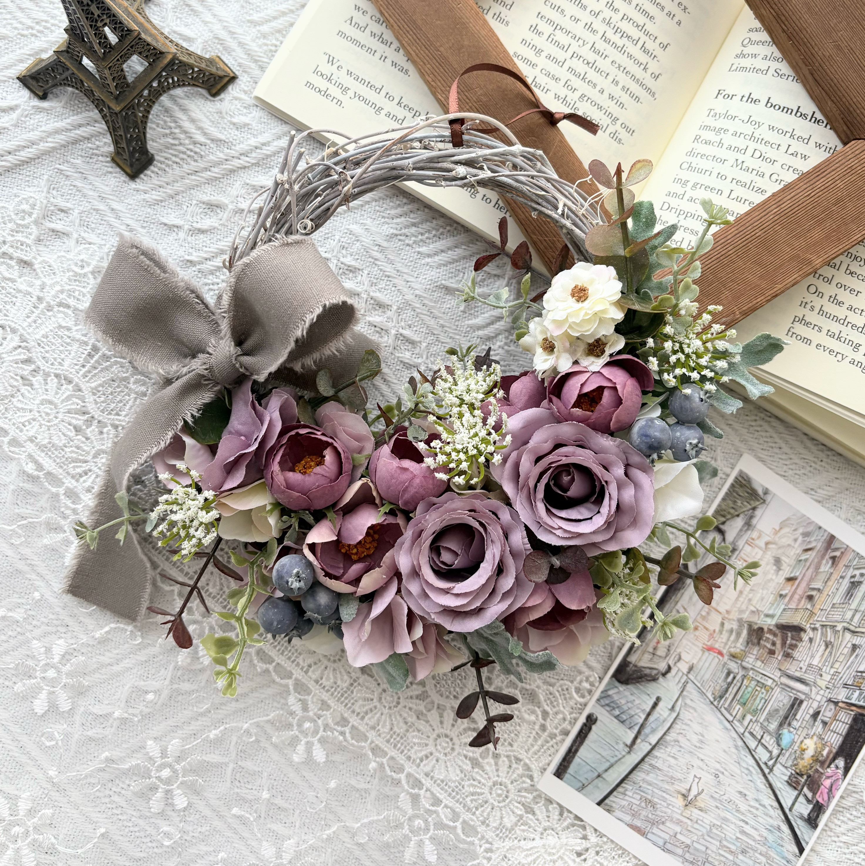 アンティークローズのモーブリース　アーティフィシャルフラワー　ハーフリース　造花のリース