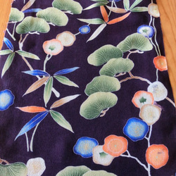 古布＊正絹錦紗縮緬＊紫地に鶴・お宝・花々＊35x130cm＊はぎれ