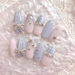 ネイルチップ ピンク リボン ハート ストーン フレンチネイル ガーリー